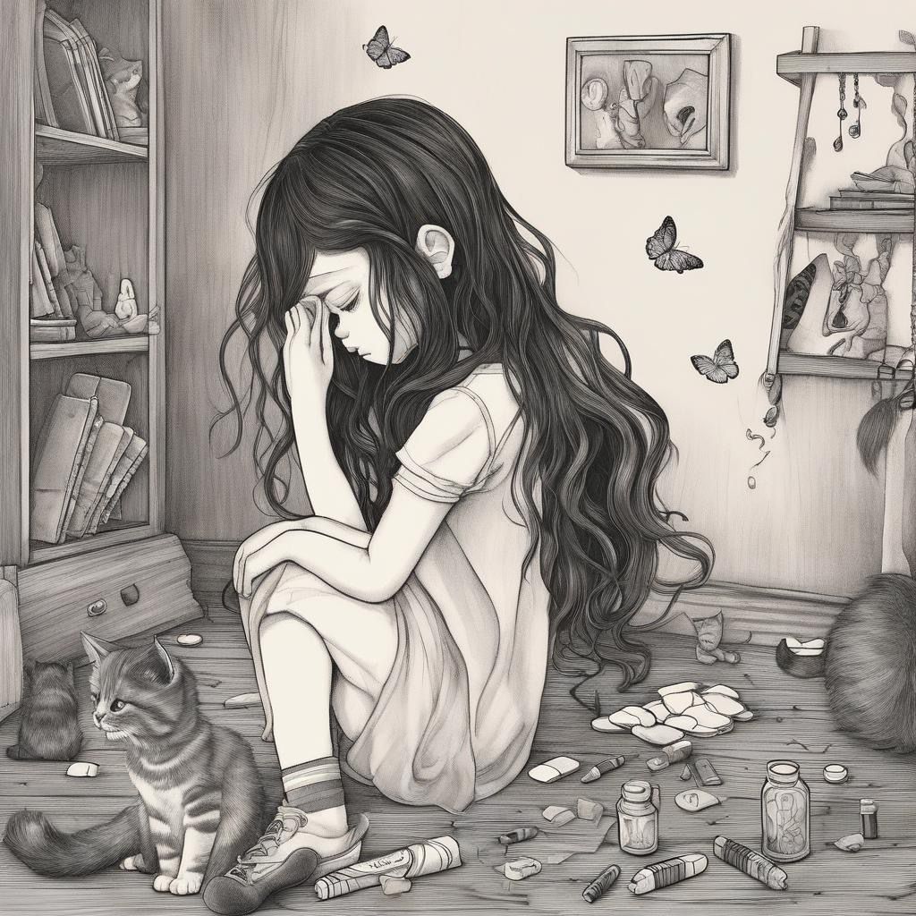 sad girl with a cat - fetita cu pisica